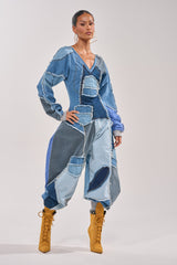 COMFY COZY JUMPSUIT IN DENIM PATCHWORK