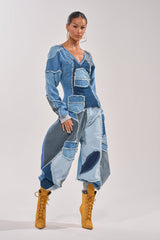 COMFY COZY JUMPSUIT IN DENIM PATCHWORK