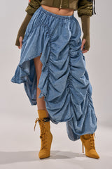 LETS CHANGE IT UP RUCHED MIDI SKIRT IN CHAMBRAY