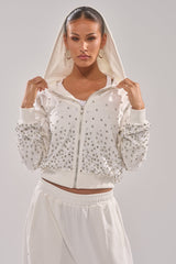 ALL IN WHITE RHINESTONE ZIP UP SWEATSHIRT