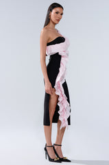 SOFT FLEX BANDAGE MIDI DRESS WITH RUFFLE DETAIL