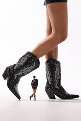 AZALEA WANG ANKUS BLACK WESTERN RHINESTONE BOOT