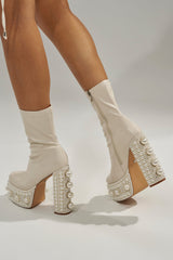 AZALEA WANG ANTARIS BEIGE PEARL DETAIL PLATFORM BOOTIE