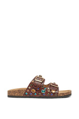 AKIRA BAYLEAVES BROWN SNAKE EMBELLISHED FLAT SLIP ON SANDAL