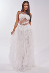FELT CUTE RUFFLE MAXI DRESS WITH FLORAL APPLIQUES