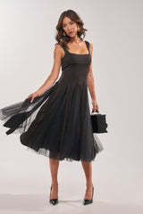 KNOW YOUR WORTH TULLE MIDI DRESS IN BLACK