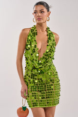 ARIEL SEQUIN CROCHET MINI DRESS IN GREEN