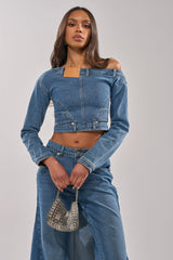 SHAKE IT OFF DENIM OFF THE SHOULDER TOP