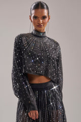 GLAMOROUS RHINESTONE MOCK NECK BLOUSE
