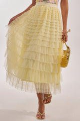 STARS ALIGNED MESH RUFFLE MAXI SKIRT IN BABY YELLOW