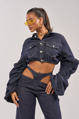 STACKED SLEEVE CROPPED DENIM JACKET