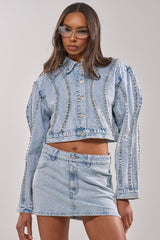 EXTRA EXTRA EMBELLISHED DENIM JACKET IN LIGHT BLUE