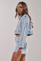 EXTRA EXTRA EMBELLISHED DENIM JACKET IN LIGHT BLUE