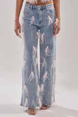 SHAKE IT FOR ME GIRL PINK FEATHER EMBELLISHED DENIM