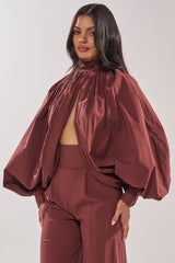GOLD COAST BALLOON SLEEVE BLOUSE IN BROWN