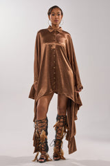 WONDERLUST SATIN LONG SLEEVE MINI DRESS IN BROWN
