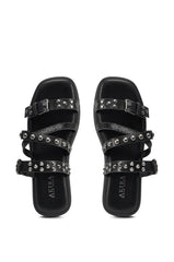 AKIRA GOLD MANNING BLACK HARDWARE EMBELLISHED FLAT SANDAL