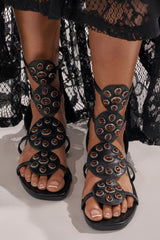 AZALEA WANG MIKAERE BLACK BROWN STONE EMBELLISHED FLAT STRAP SANDAL