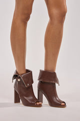 YANIX BROWN PU SILVER HARDWARE CHUNKY HEEL BOOTIE