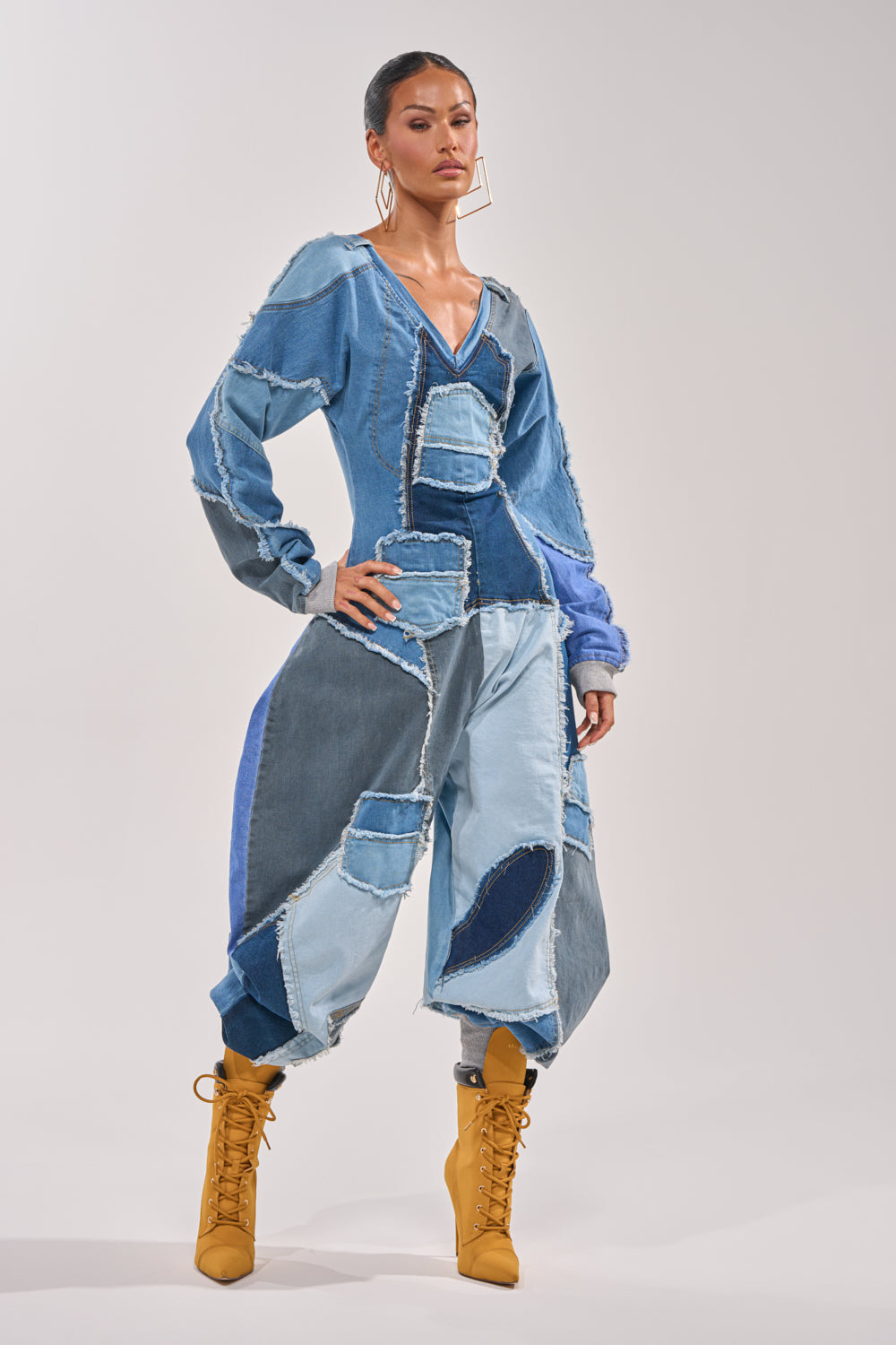 COMFY COZY JUMPSUIT IN DENIM PATCHWORK