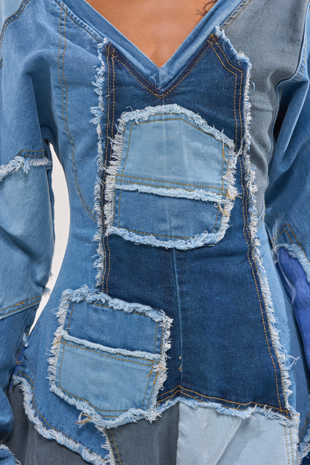 COMFY COZY JUMPSUIT IN DENIM PATCHWORK