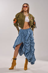 LETS CHANGE IT UP RUCHED MIDI SKIRT IN CHAMBRAY