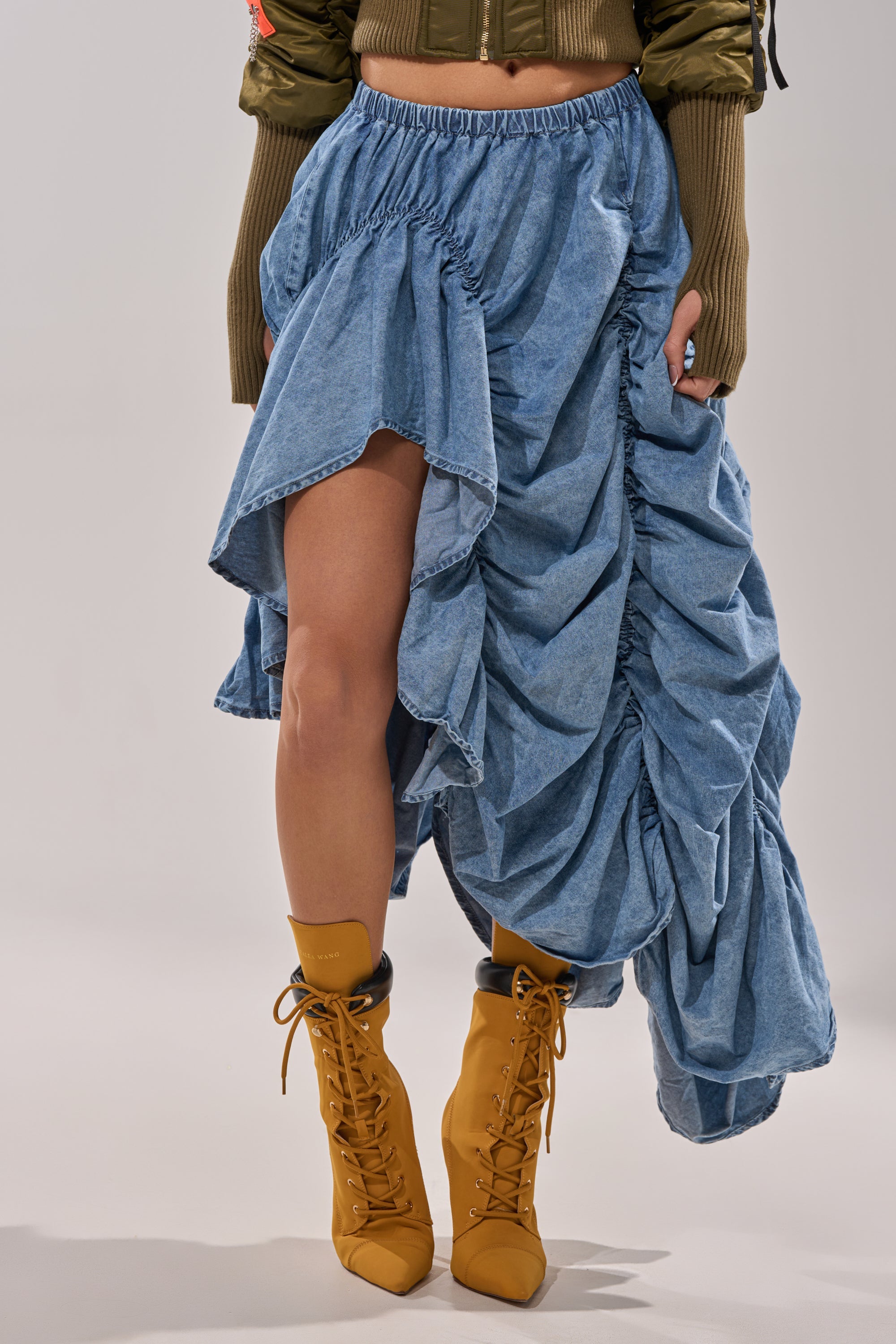LETS CHANGE IT UP RUCHED MIDI SKIRT IN CHAMBRAY