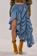 LETS CHANGE IT UP RUCHED MIDI SKIRT IN CHAMBRAY