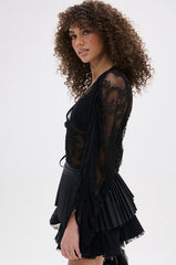 CAMILLA CROPPED RUCHED SLEEVE LACE TOP