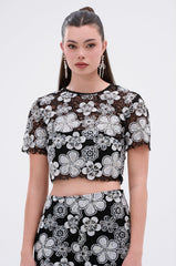 FLORAL SEQUIN MESH SHORT SLEEVE BLOUSE