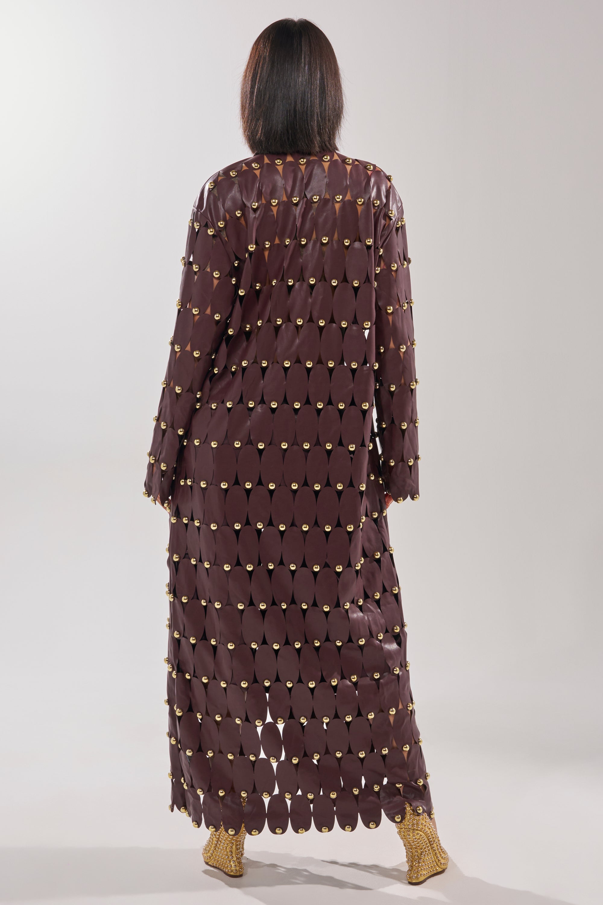 THE SNEAK PEEK STUDDED PU LONG CARDIGAN IN BURGUNDY