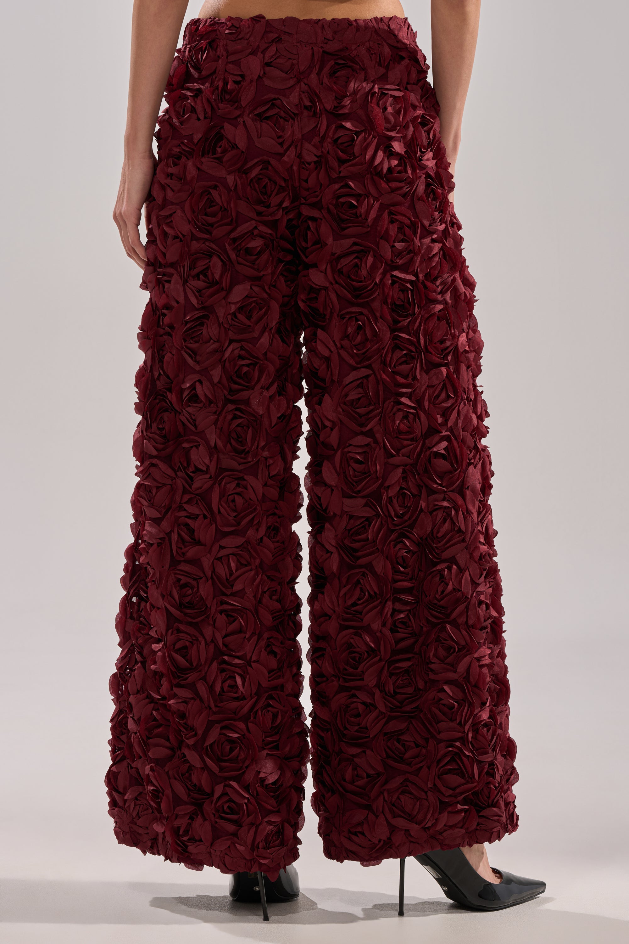 ROSE PETALS WIDE LEG TROUSER IN BURGUNDY