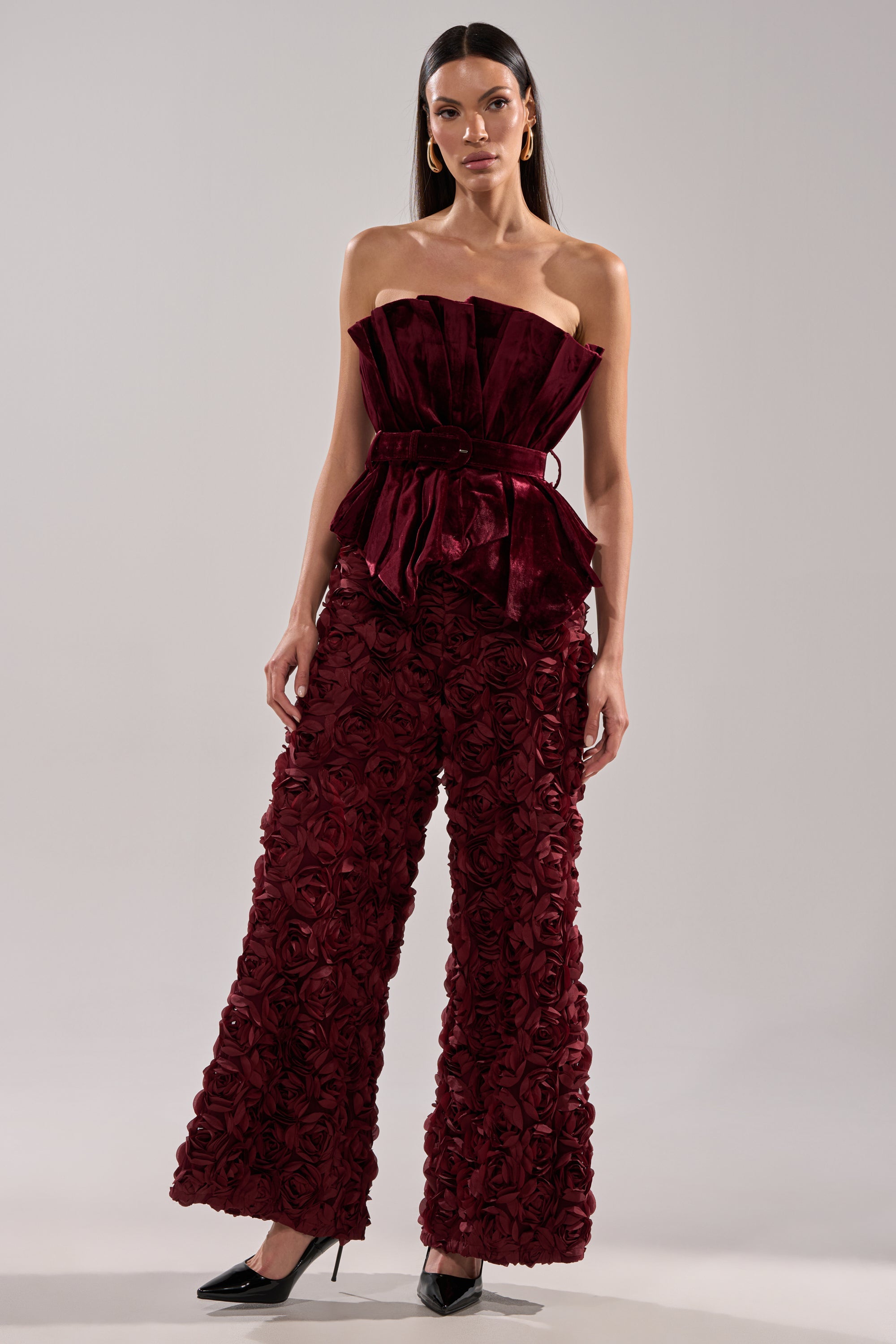ROSE PETALS WIDE LEG TROUSER IN BURGUNDY