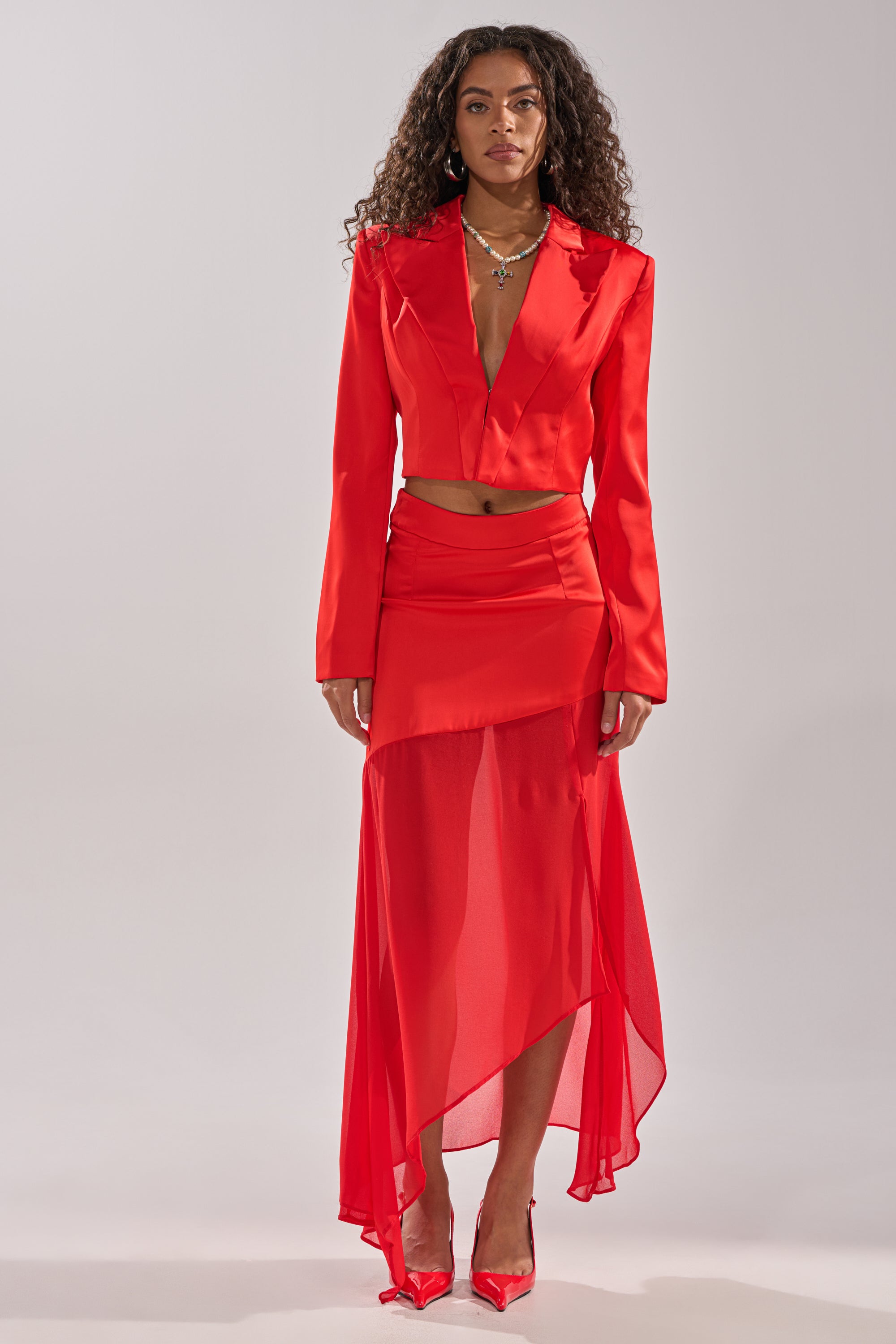 RED HOT ASYMMETRICAL MIDI SKIRT