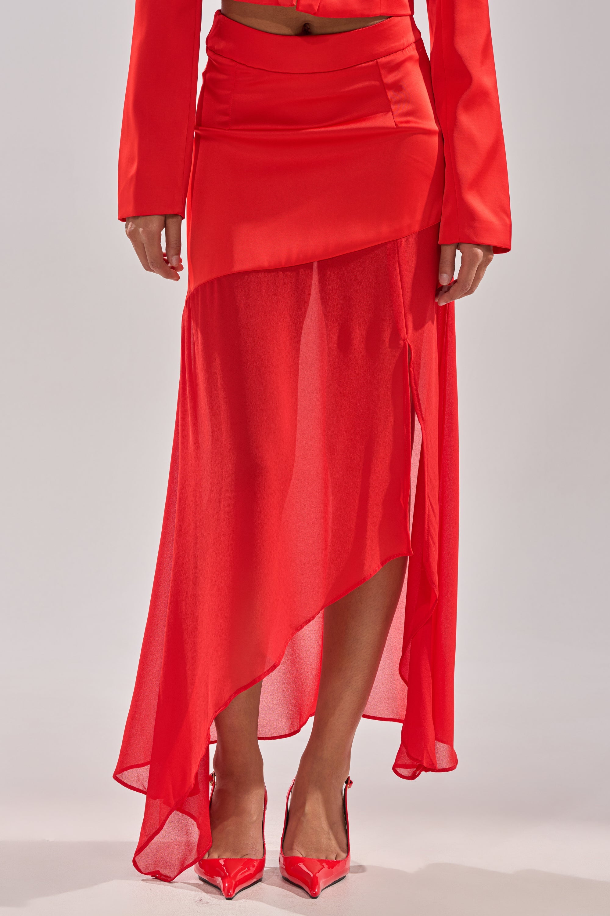 RED HOT ASYMMETRICAL MIDI SKIRT