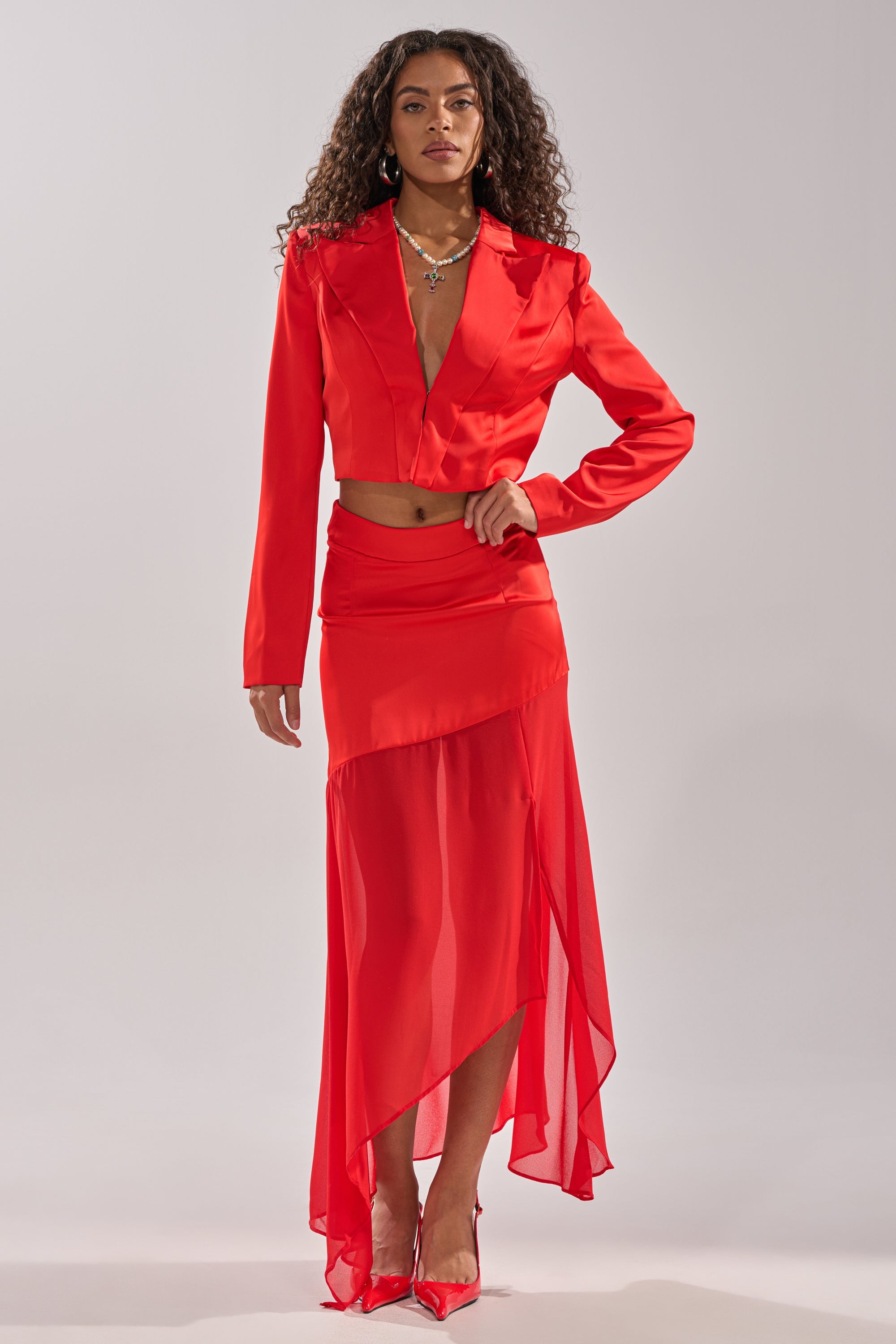RED HOT CROPPED SATIN BLAZER