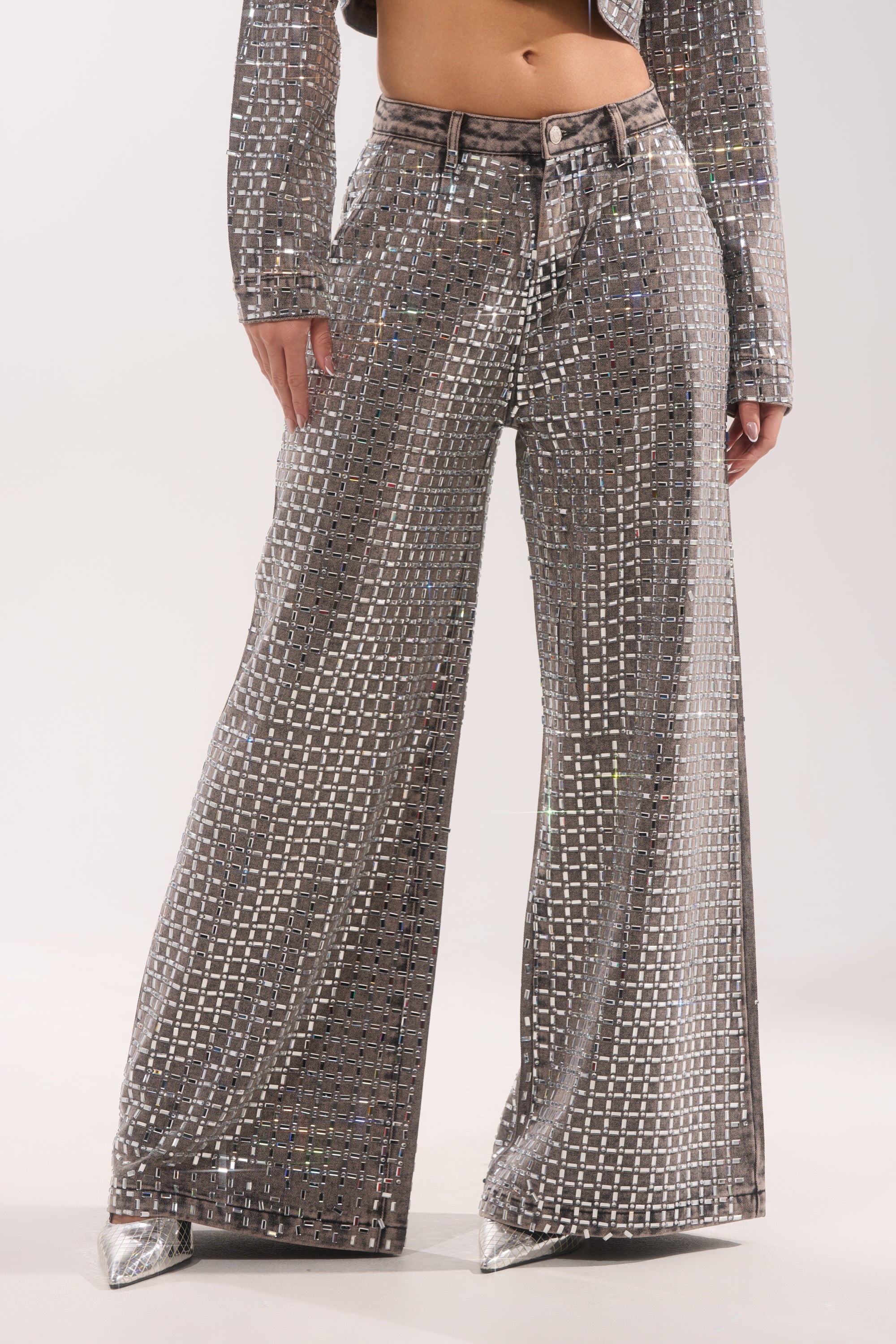 PICK N CHOOSE RHINESTONE WIDE LEG DENIM IN GREY