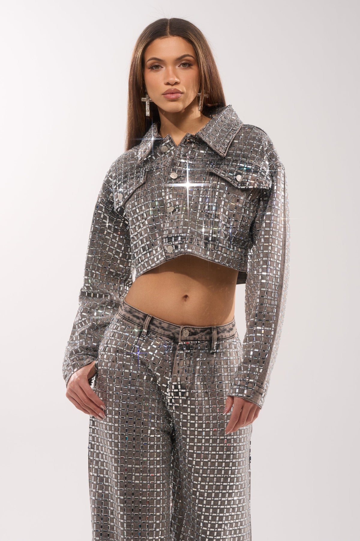 PICK N CHOOSE RHINESTONE DENIM JACKET IN GREY