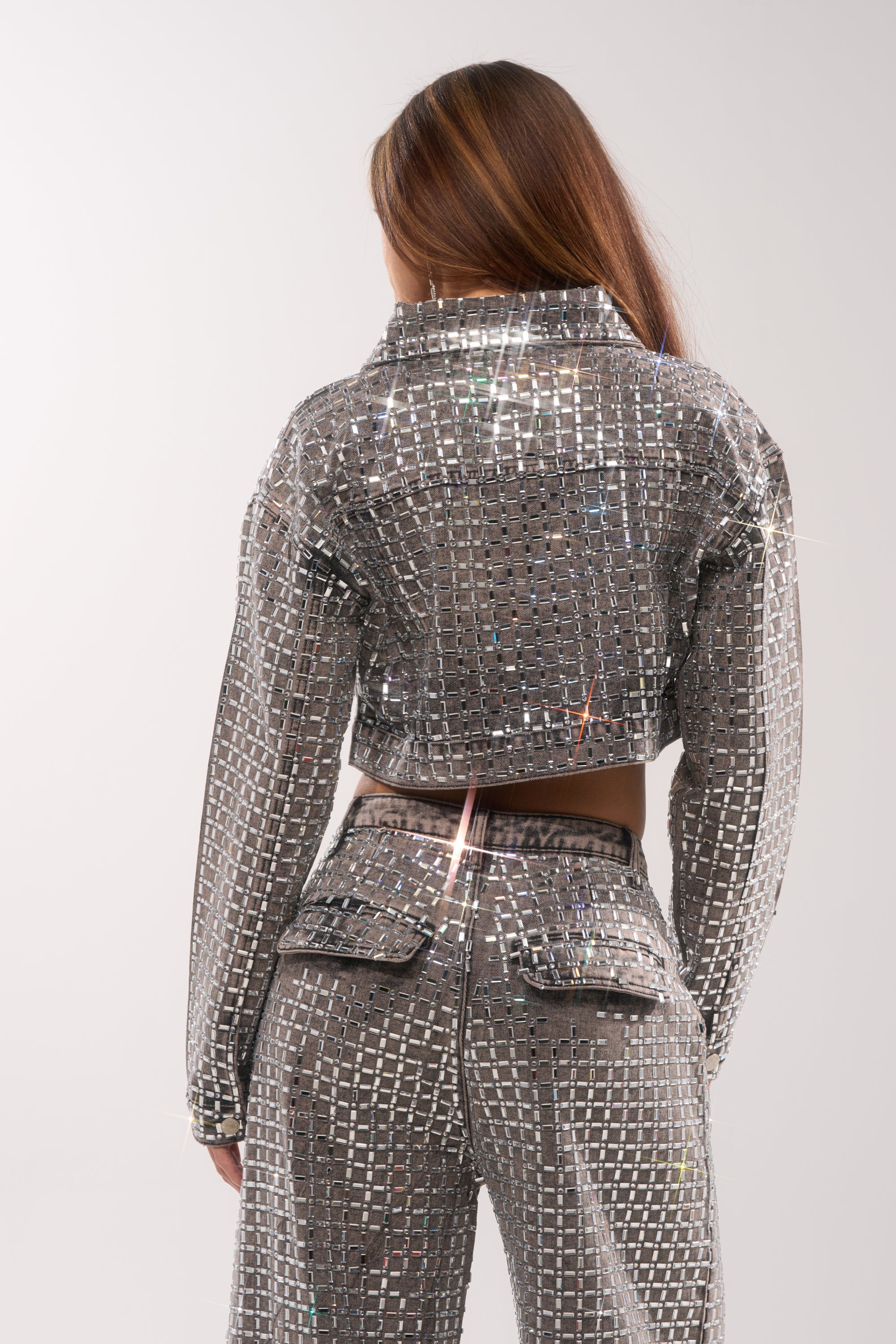 PICK N CHOOSE RHINESTONE DENIM JACKET IN GREY