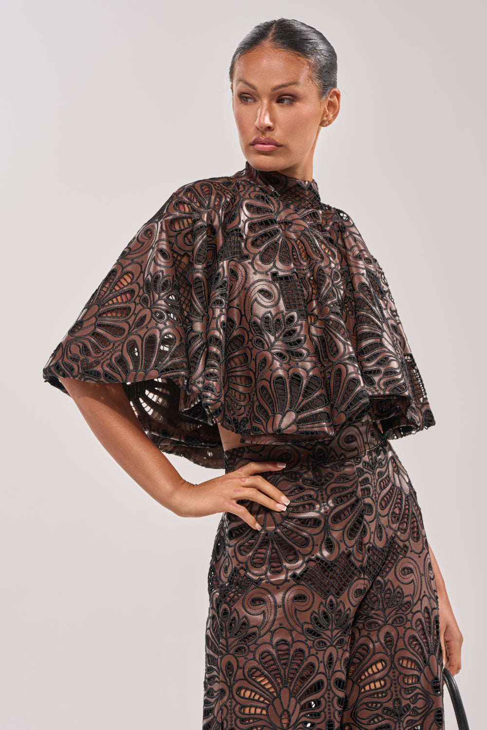 LENA LACE AND PU BLOUSE