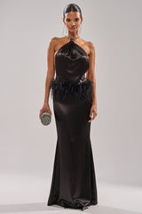 WHO IS SHE SATIN FEATHER MAXI DRESS IN BLACK
