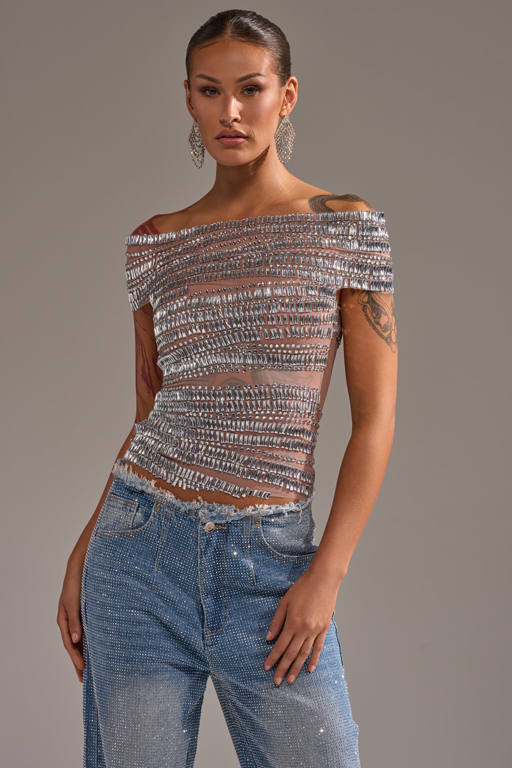 SHINE LIKE A DIAMOND RHINESTONE MESH BLOUSE
