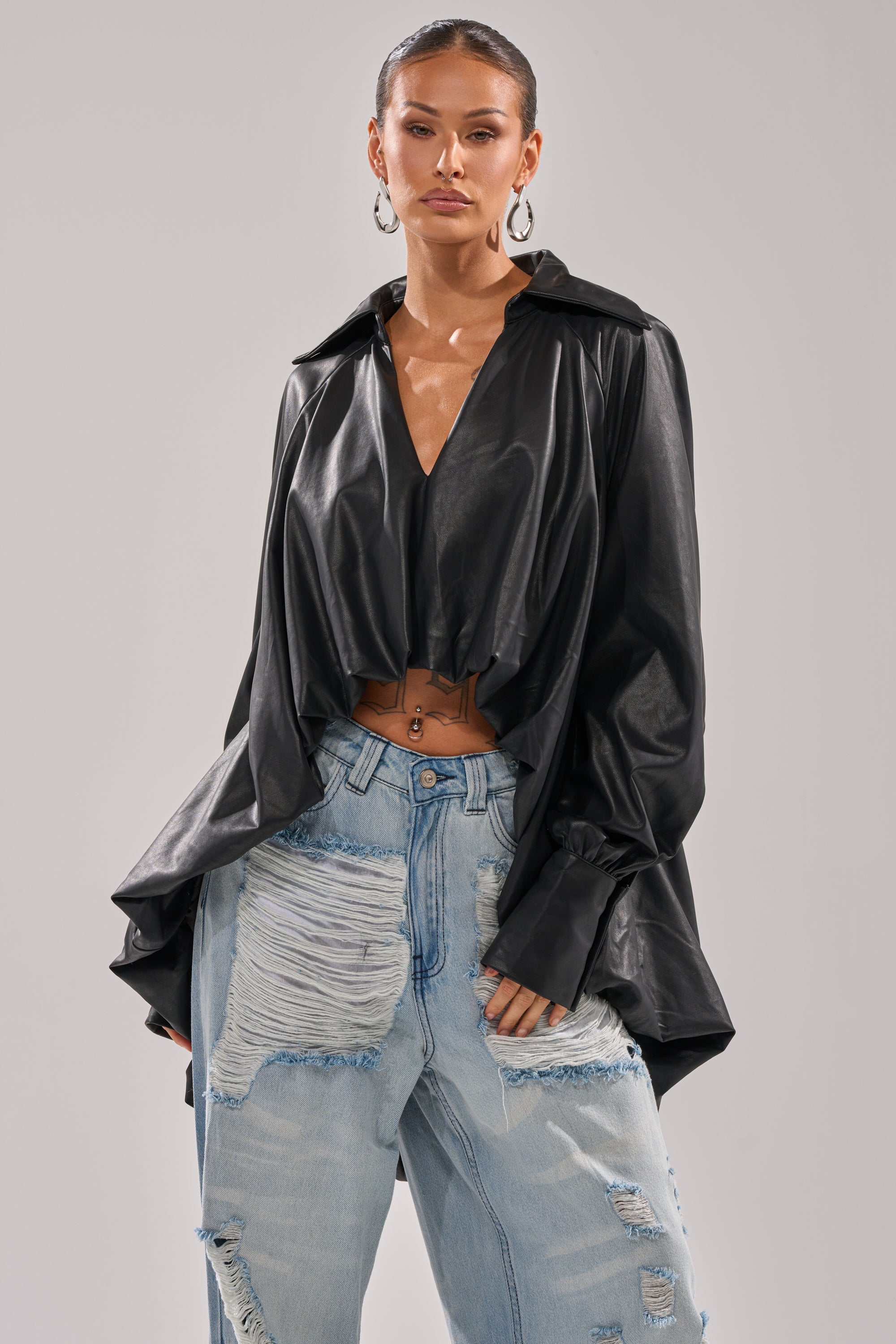 NEW ATTITUDE FAUX LEATHER HI-LOW BLOUSE