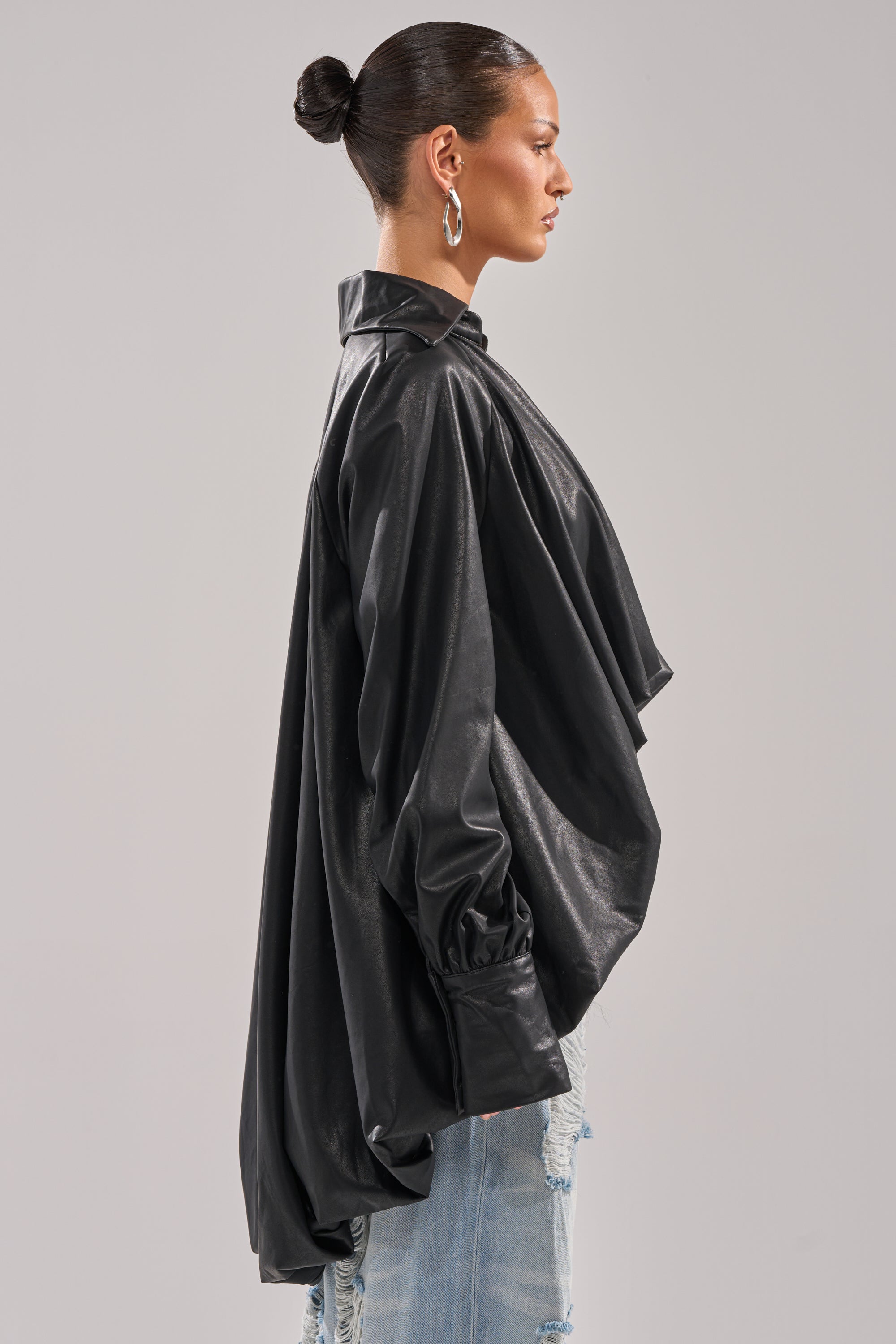 NEW ATTITUDE FAUX LEATHER HI-LOW BLOUSE