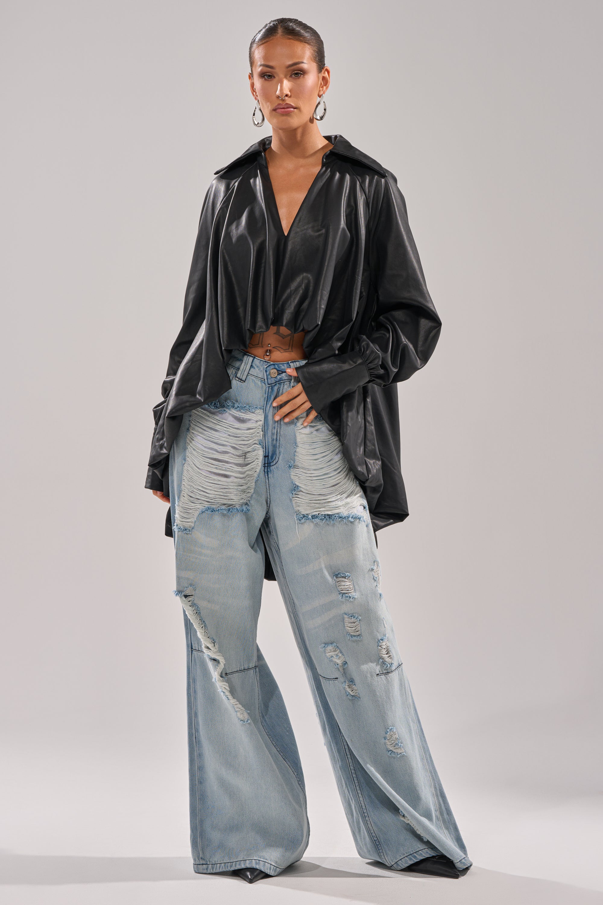 NEW ATTITUDE FAUX LEATHER HI-LOW BLOUSE