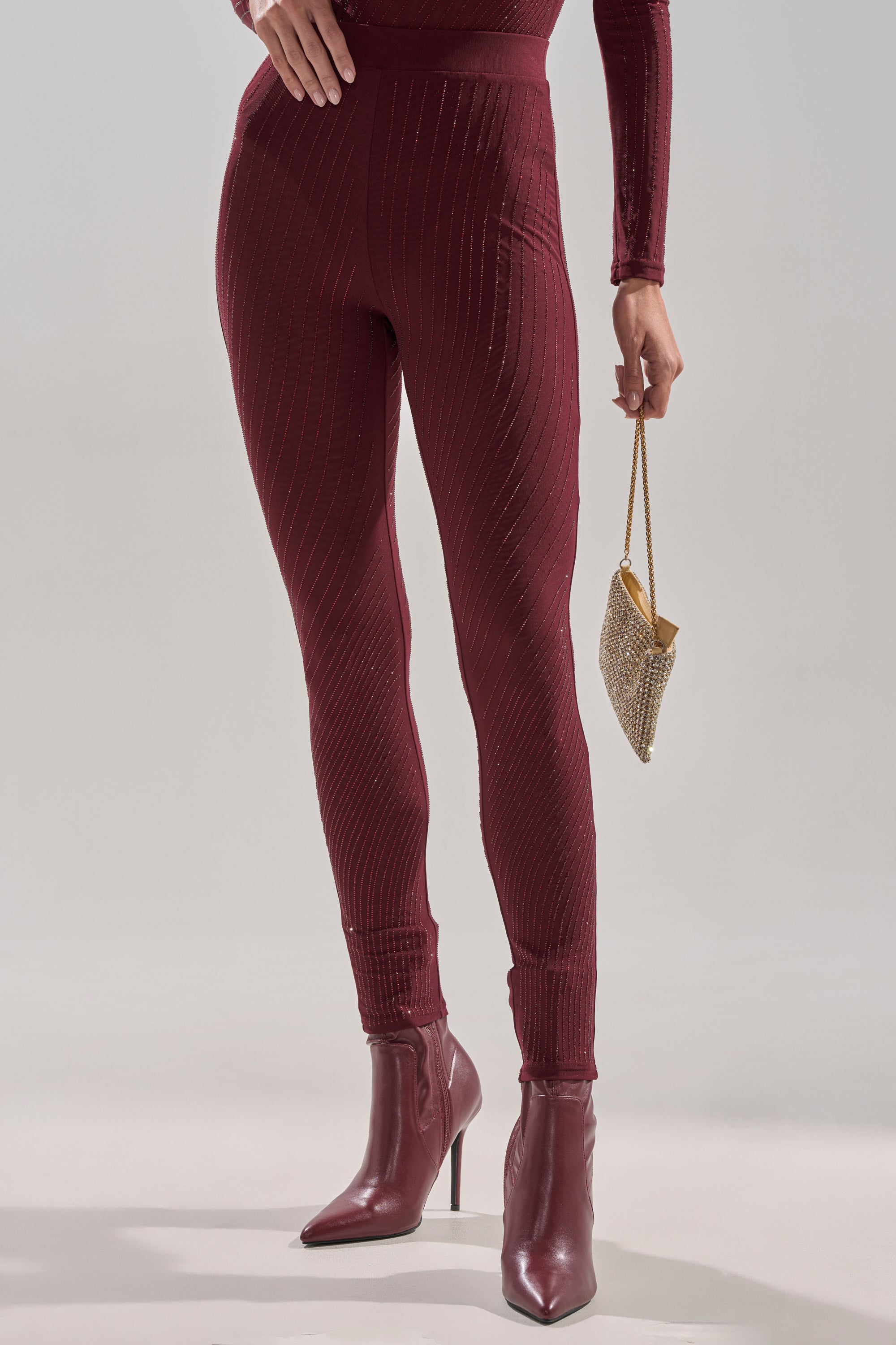 TWINKLING LIGHTS RHINESTONE MESH LEGGINGS IN BURGUNDY