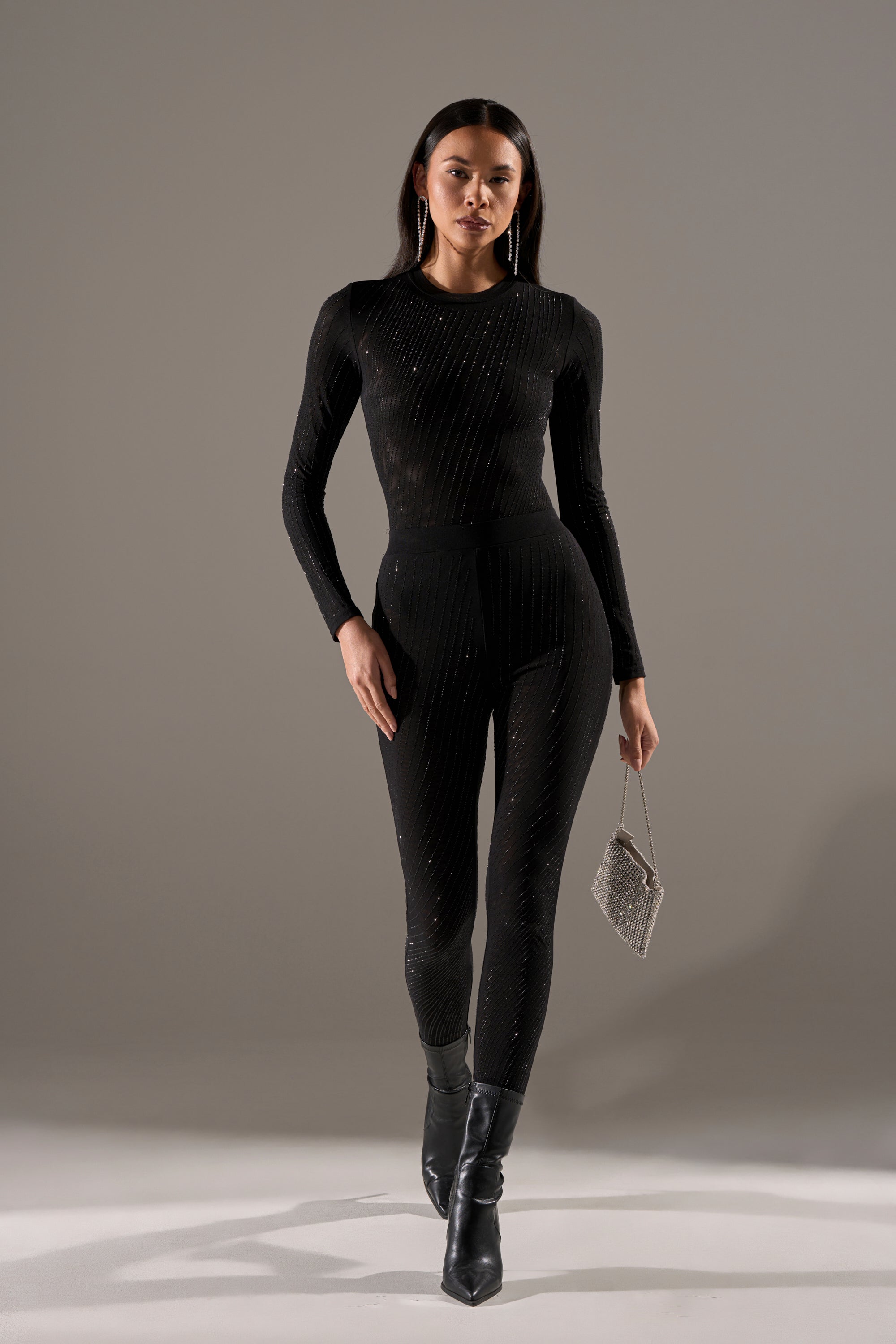 TWINKLING LIGHTS RHINESTONE MESH LEGGINGS IN BLACK