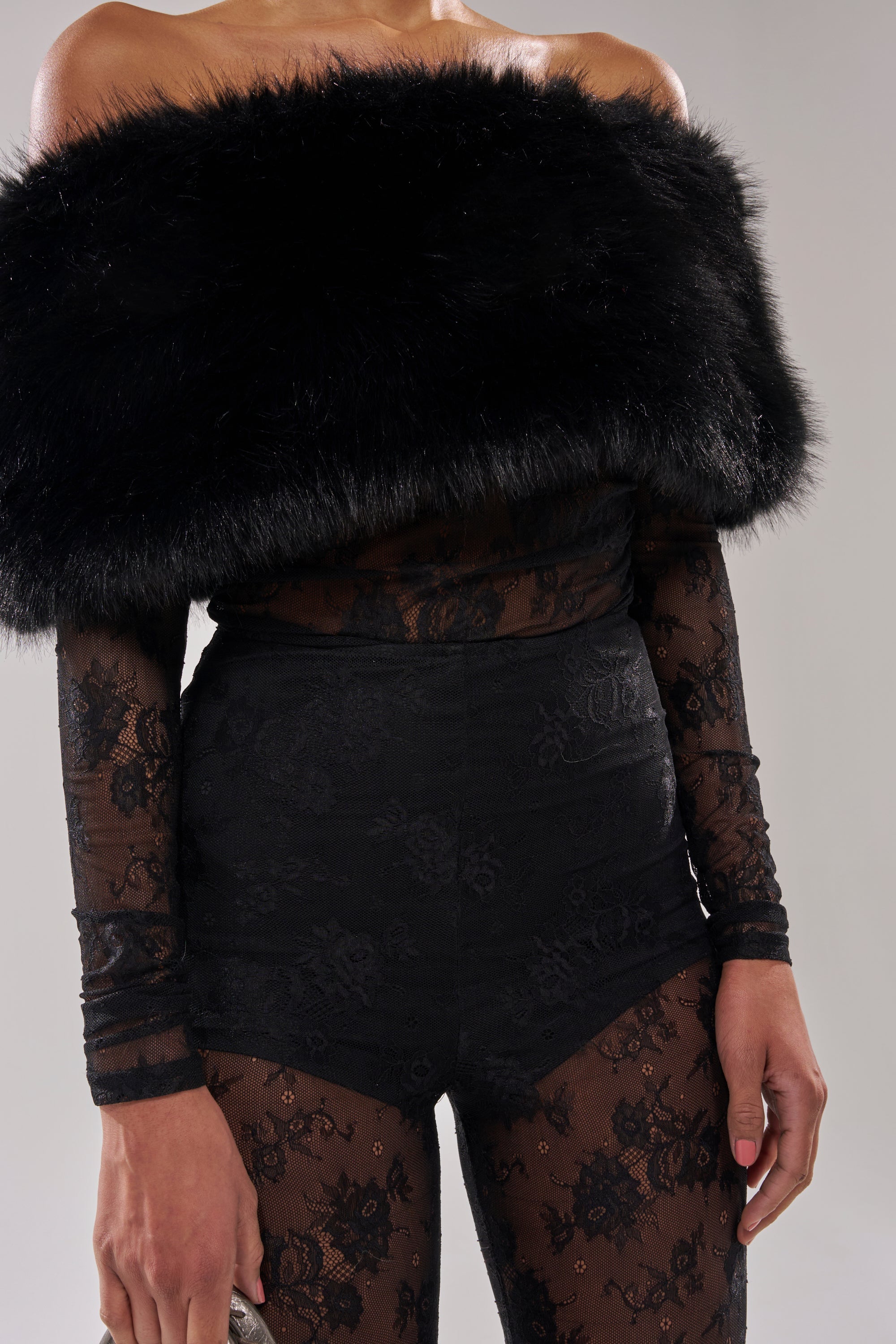 DELARA FUR TRIM LACE JUMPSUIT