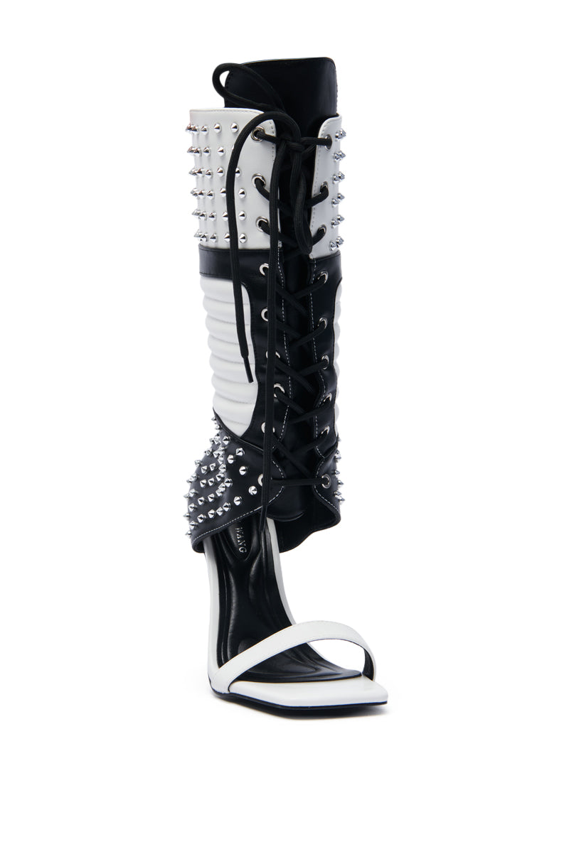 AZALEA WANG ALBERTO BLACK WHITE STUDDED OPEN TOE BOOT