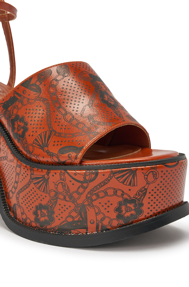 AZALEA WANG ANTHELMINE COGNAC PLATFORM SANDAL WITH TATTOO DETAILING